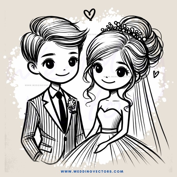 a bride and groom in wedding attire