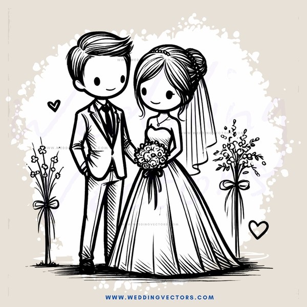 a wedding couple in black and white illustration