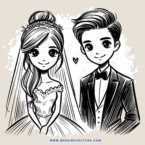 wedding couple in black and white illustration