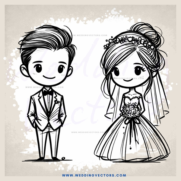 wedding bride and groom cartoon sketch