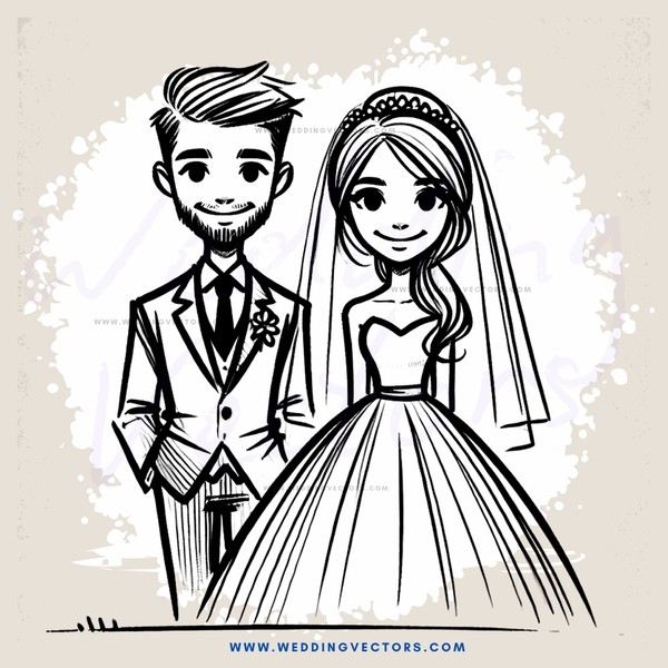 bride & groom in black and white illustration