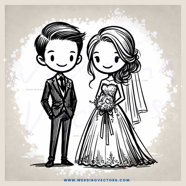 bride and groom in black and white illustration