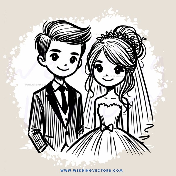 bride and groom in black and white cartoon style drawing