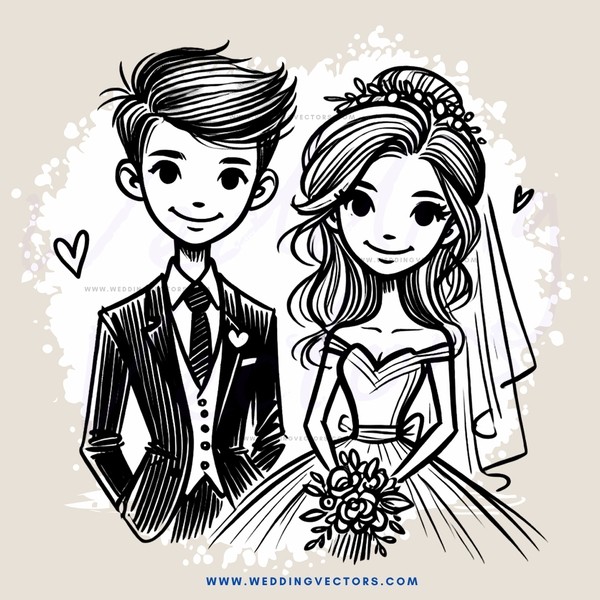 newly married couple in black and white illustration