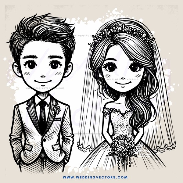 a bride and groom in their wedding attire