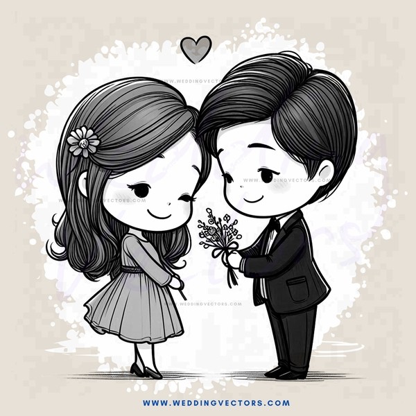 two people standing close together with flowers