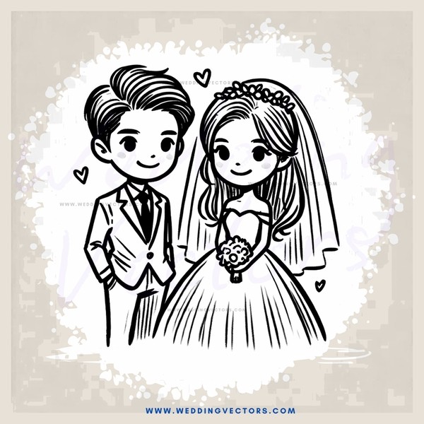 a bride and groom stand side by side with hearts drawn on them