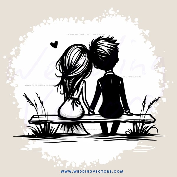 a couple on a bench with an outline heart behind them