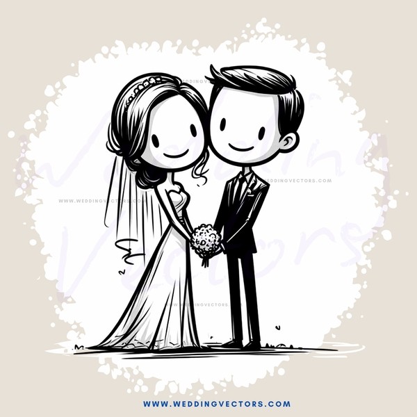 bride and groom in black and white cartoon style illustration