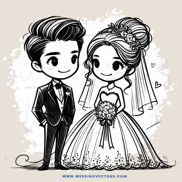 bride and groom cartoon character set with flower holding and hair tulle dress groom gift basket - groom box, vintage bridesmaid gown - lady in white dress, large bouquet of flowers, engagement ring and wedding invitations