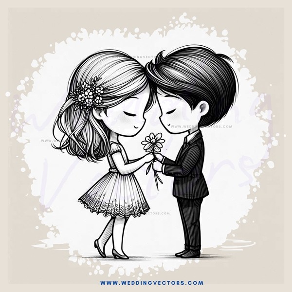 a couple holding flowers and looking at each other
