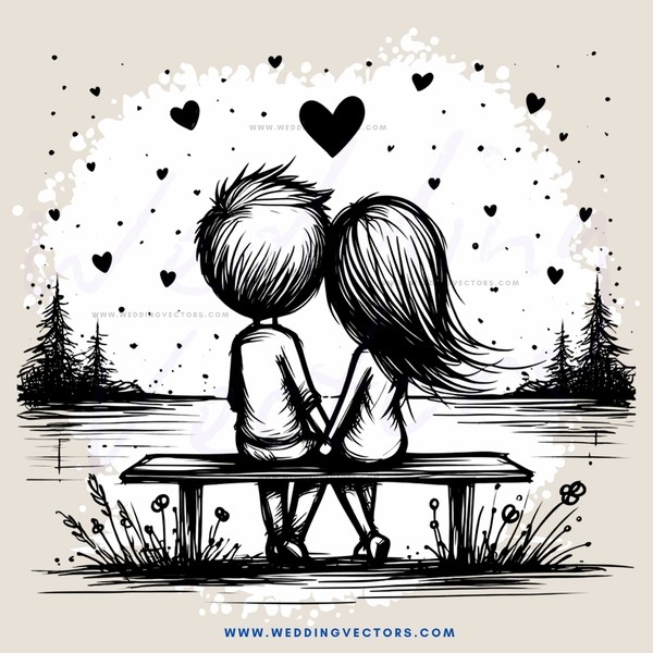 a couple on a bench in front of trees with hearts above them