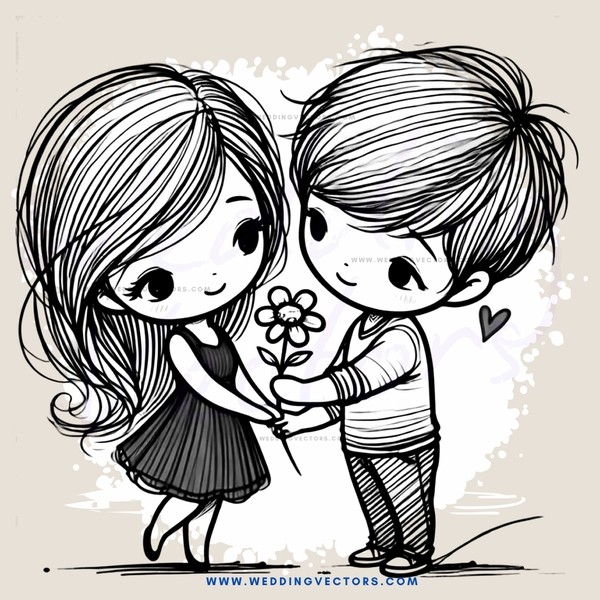 a girl and boy holding flowers and an heart