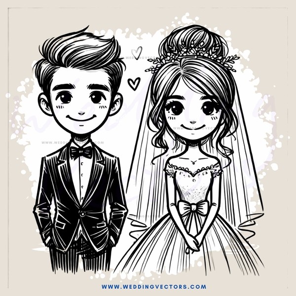 cartoon wedding portrait of couple smiling and looking happy