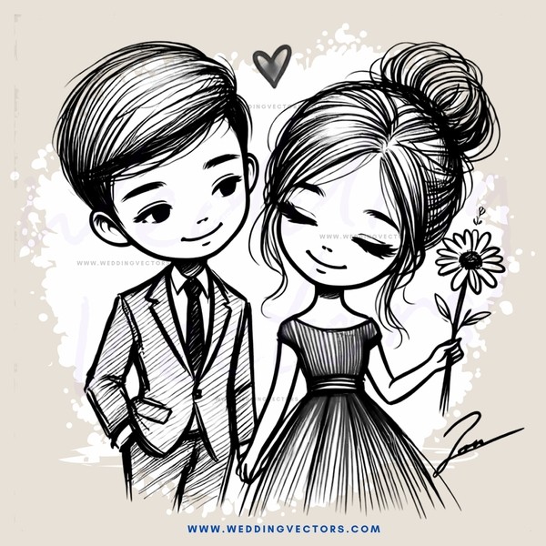a couple embracing with flowers and hearts