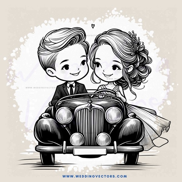 a couple in an old car smiling at each other