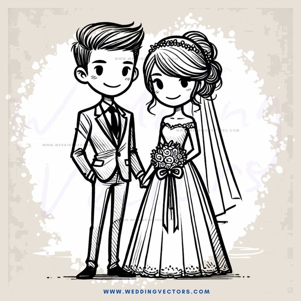 wedding couple black and white illustration on gray background