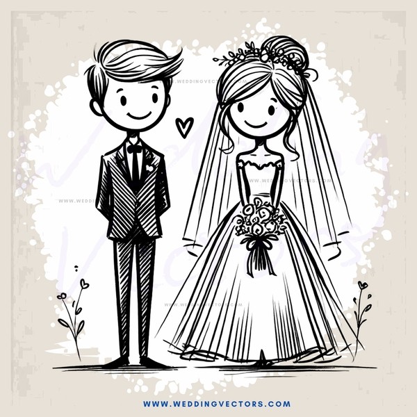 a bride and groom with flowers and leaves