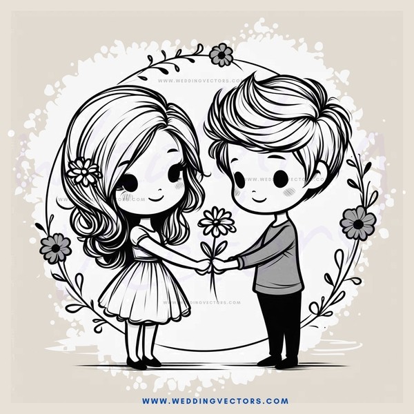 a couple in a floral frame holding flowers