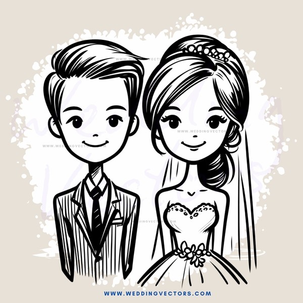 bride and groom black and white cartoon drawing