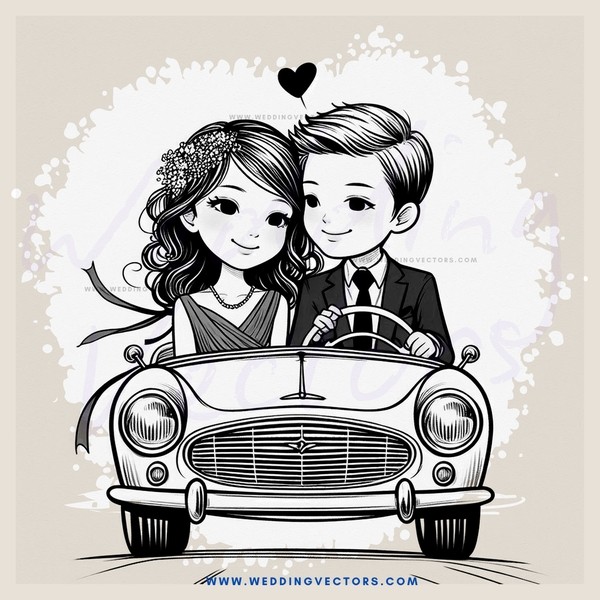 a caricature of a bride and groom