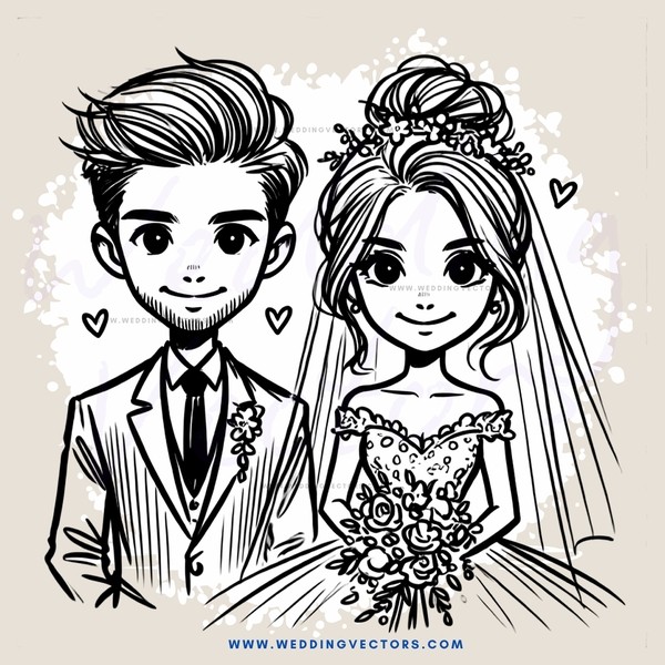 wedding cartoon in black and white