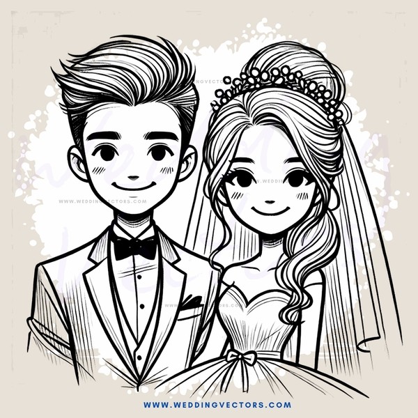 wedding couple illustration in black and white