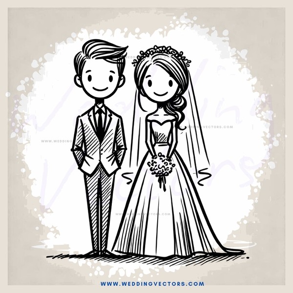 a bride and groom in wedding attire