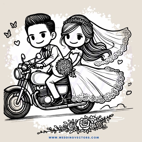 bride and groom on motorcycle