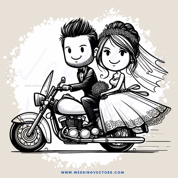 a bride and groom on a motorcycle
