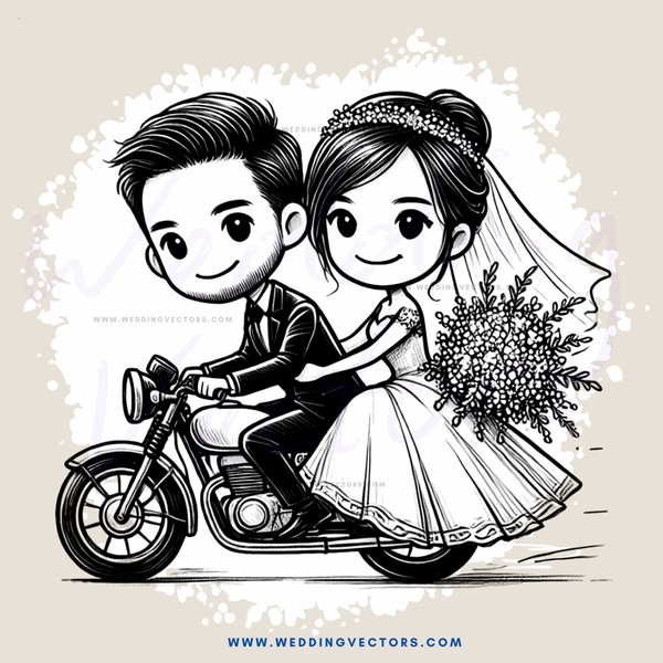 a bride and groom on a motorcycle