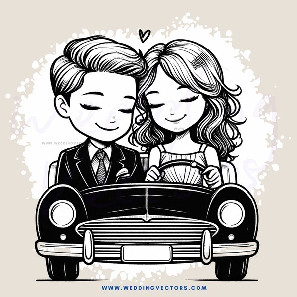 couple in black and white cartoon car
