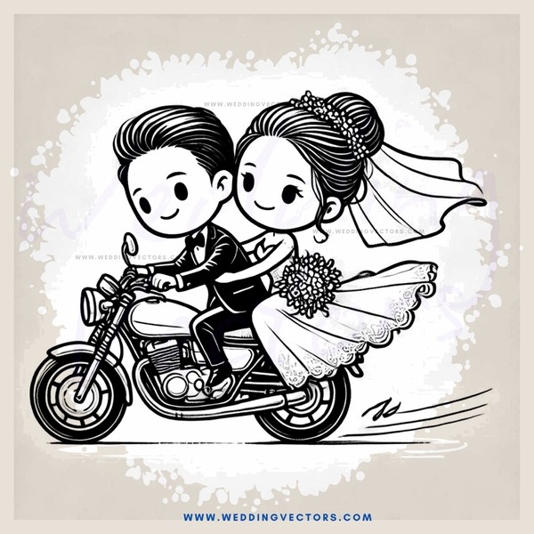 the bride and groom on a motorcycle