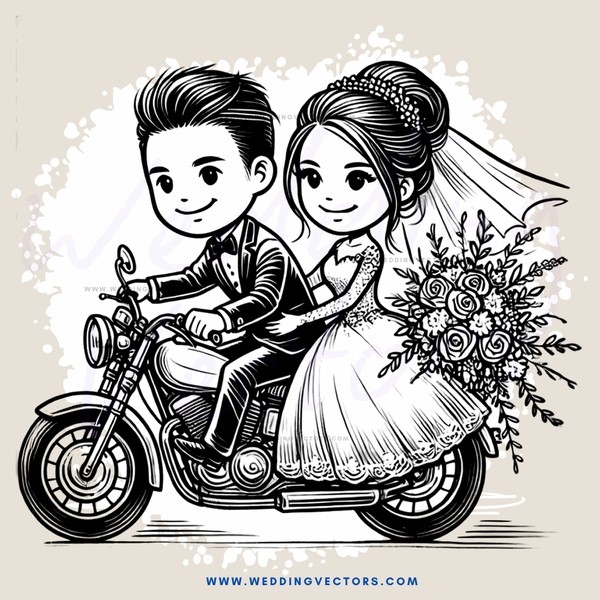 the bride and groom on their motorcycle