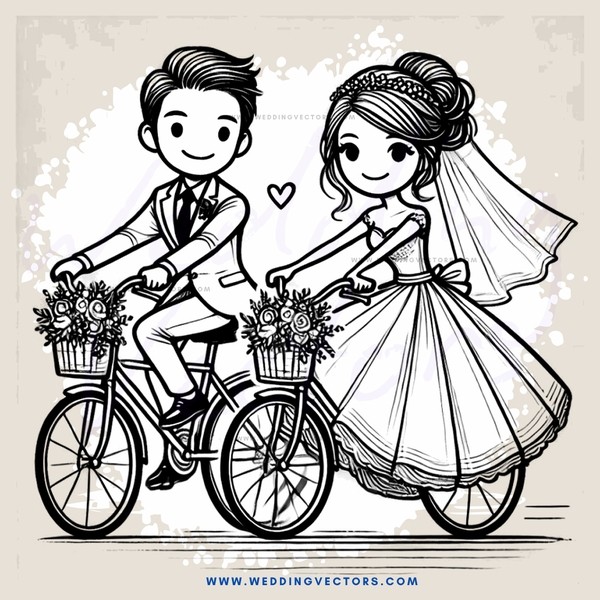 bride and groom on bicycles with bouquets