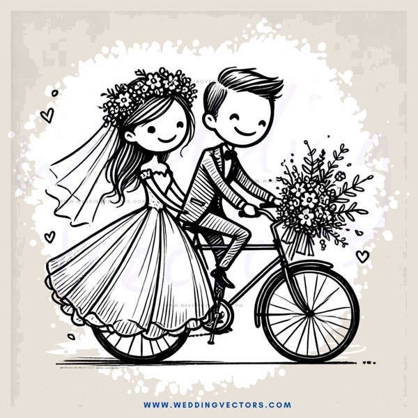 a bride and groom on a bicycle