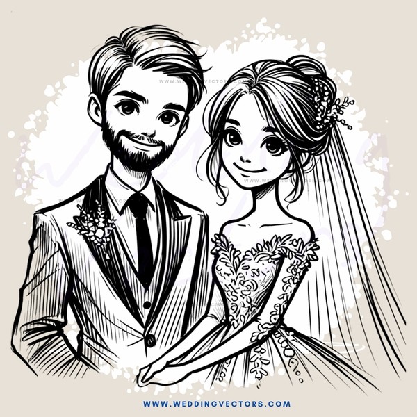 a man and woman pose together in a black and white illustration