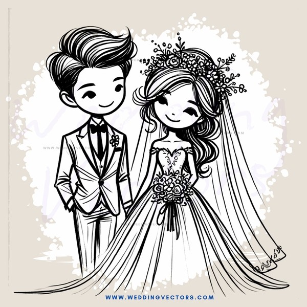 a bride and groom in wedding attire