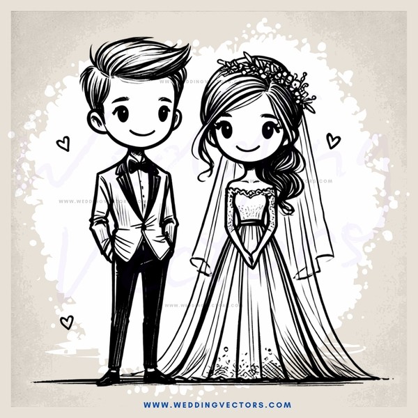 a boy and girl standing together in wedding attire