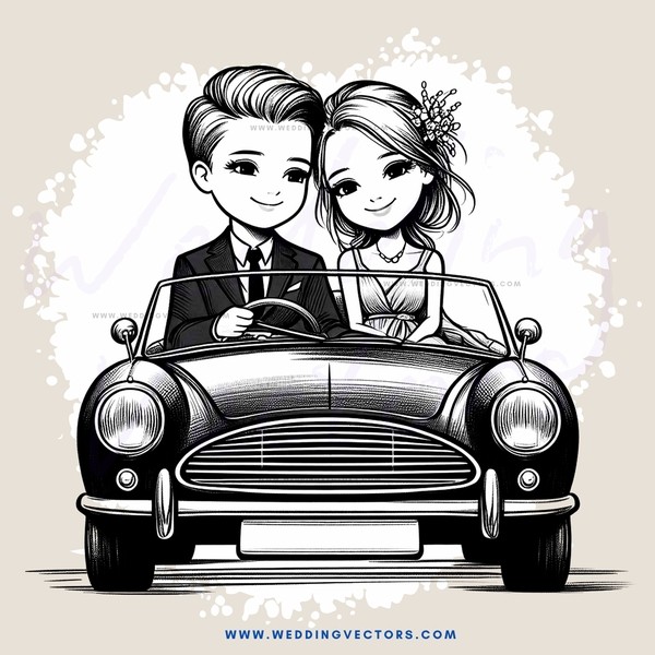 a black and white caricature of a bride and groom driving together