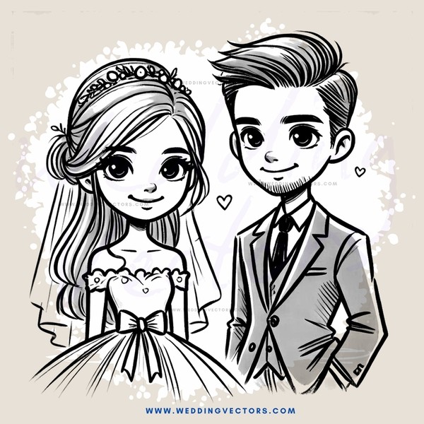 a bride and groom in black and white cartoon style