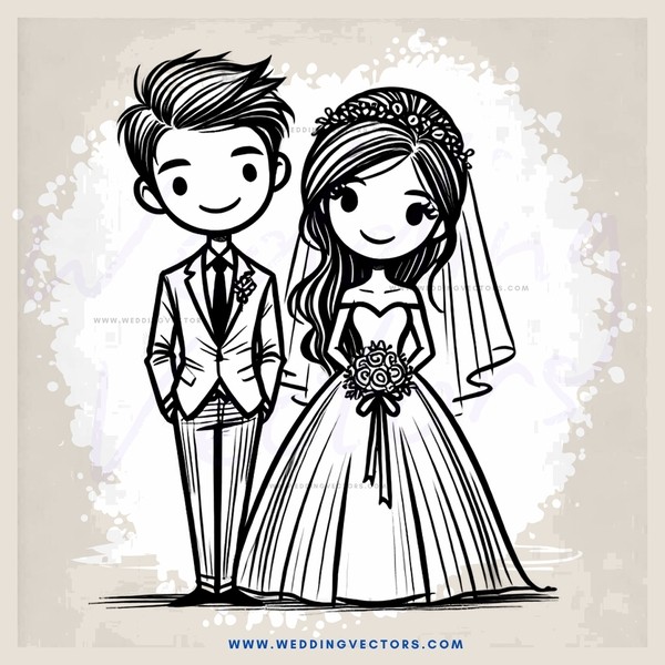 a wedding couple's picture in black and white