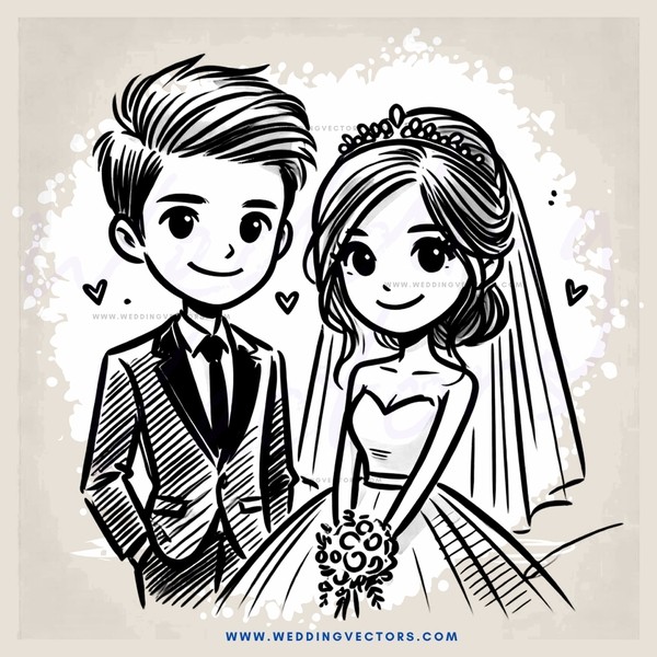 wedding couple black and white cartoon drawing