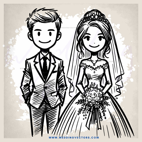 a wedding portrait drawing in black and white