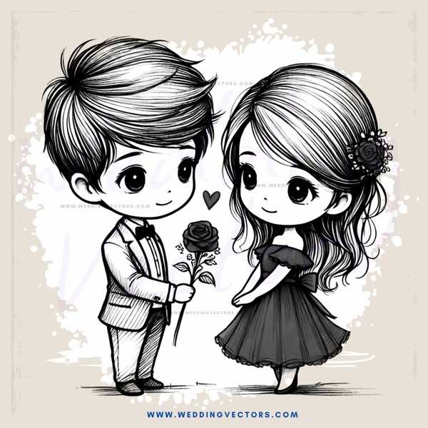 lovers holding flower bouquet in black and white cartoon drawing