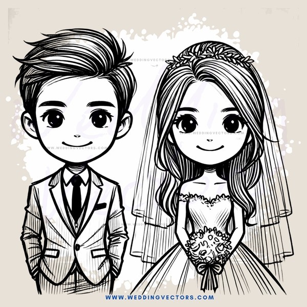 bride and groom black and white cartoon drawing