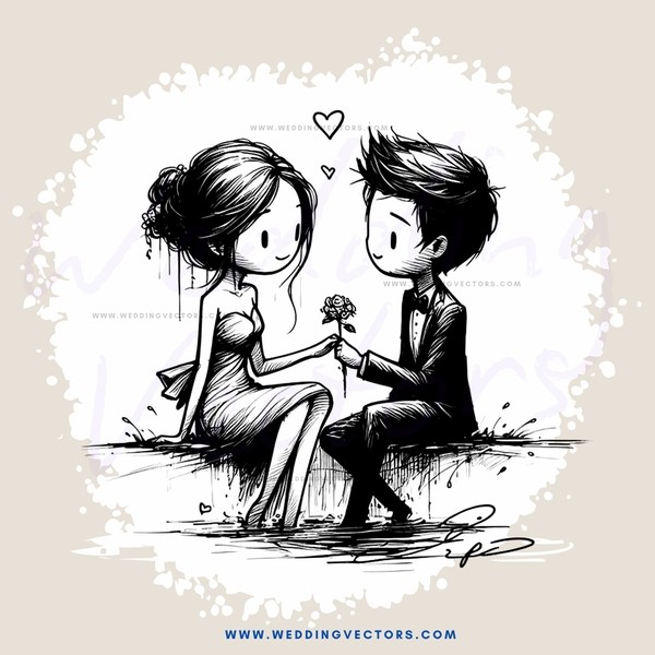 a man and woman exchanging flowers in cartoon form