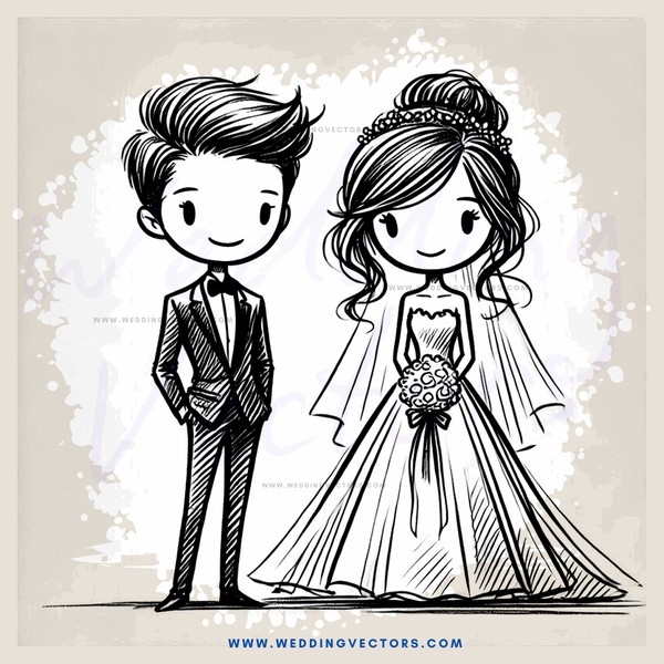a bride and groom in black and white cartoon style