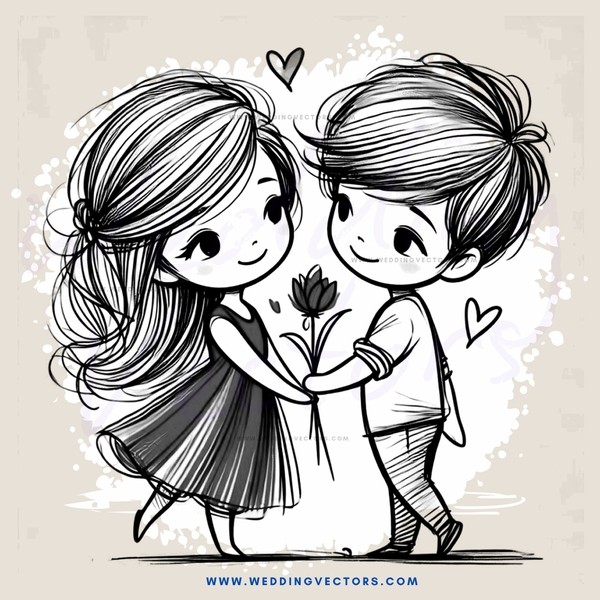 couple hugging with flowers and hearts