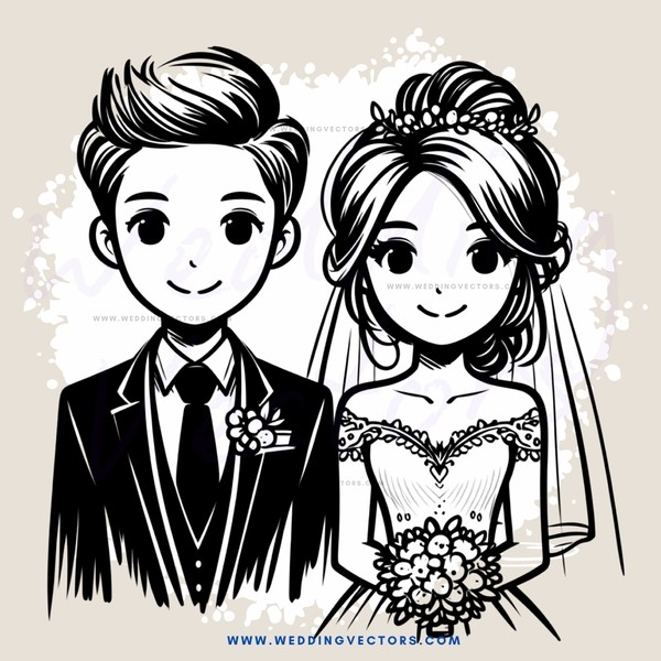wedding couple in black and white cartoon drawing